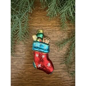 UFG Ursa Fine Glass Stocking Ornament Poland Hand-Blown Red Blue Gold 4.75″